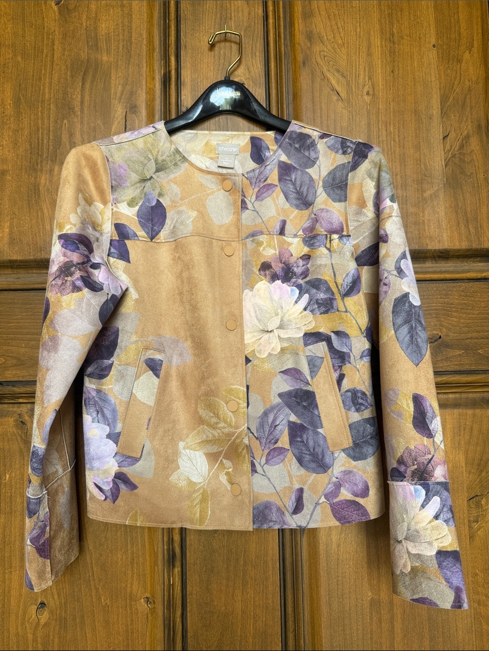 Chico's Tan Floral-Print Suede-Look Button Jacket
